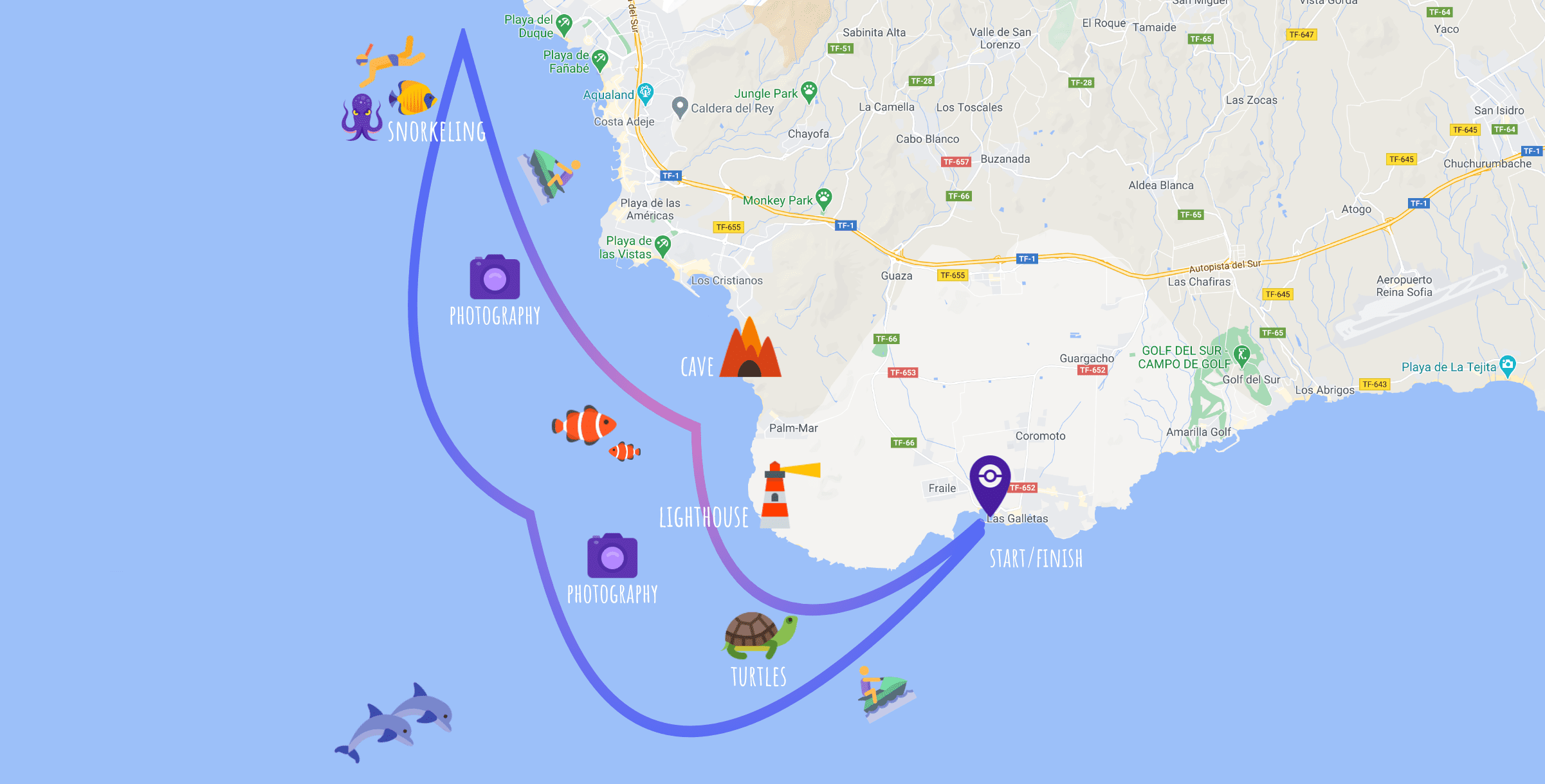 Mapa de ruta para safari en moto de agua en Tenerife